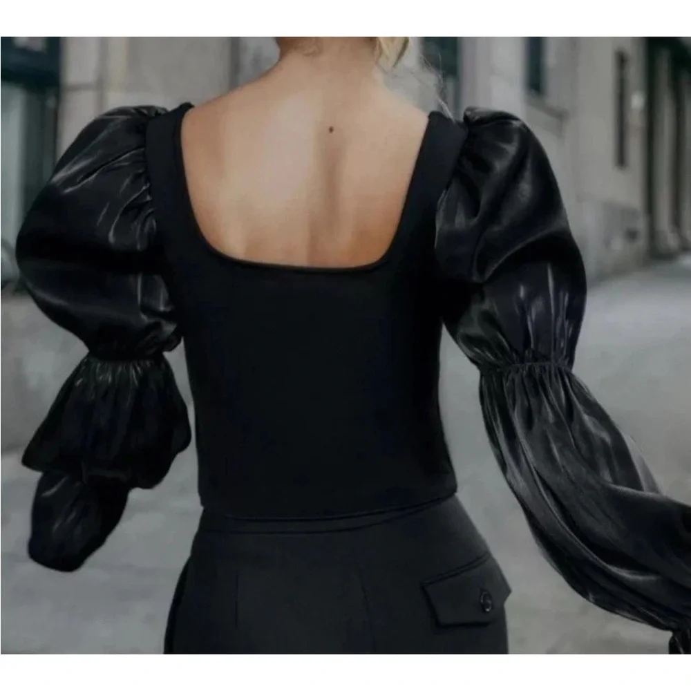 Zara Black Puff-Sleeve Button-Front Blouse - Picture 3 of 9
